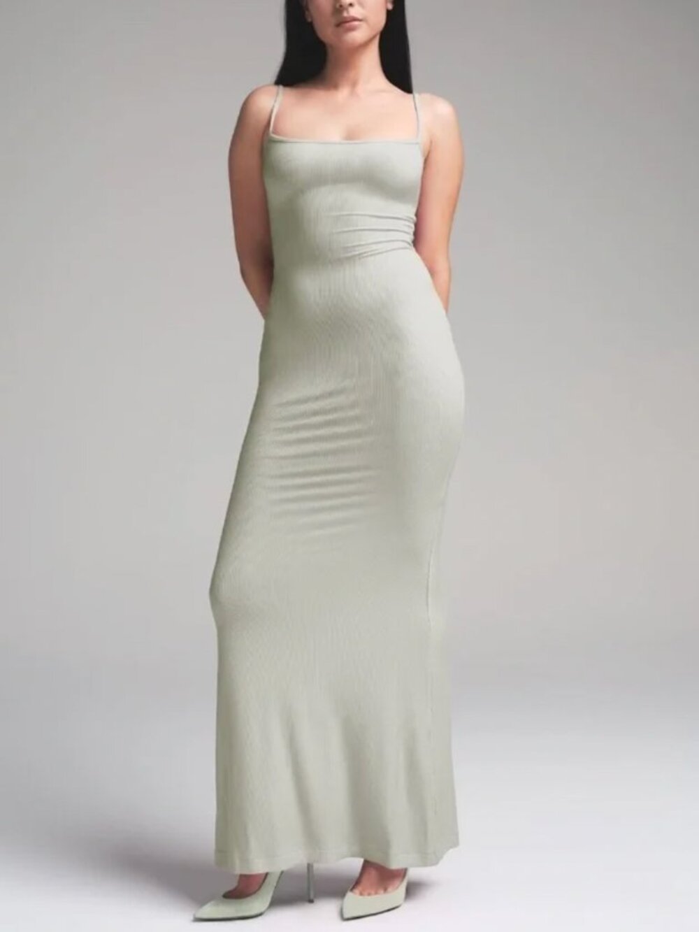 Skims Ribbed Lounge Long Slip Dress Maxi Dress Medium Talc Light Green